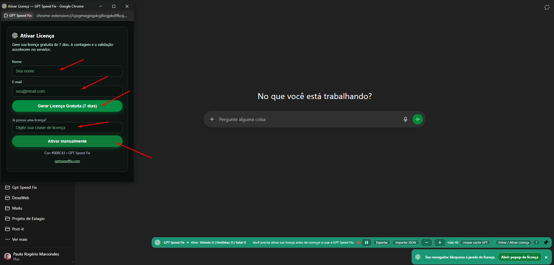 Popup de ativação do GPT Speed Fix com campos de nome, e-mail e chave de licença