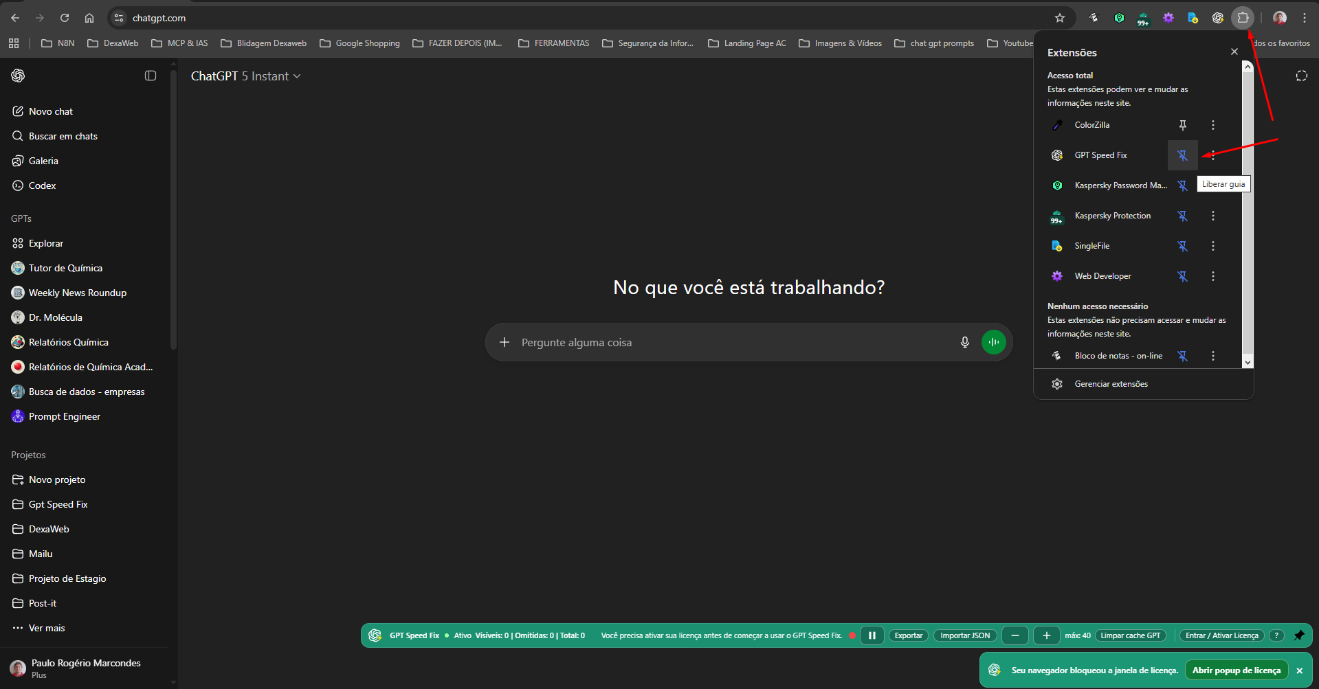 Chrome mostrando o GPT Speed Fix e o pin azul de fixar extensão